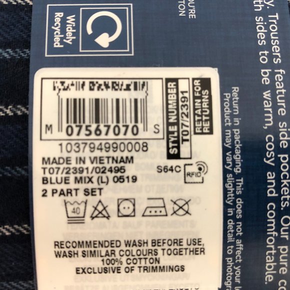 M&S Marks and Spencer 2 Pce 100% Brushed Cotton Striped Pajama Set Blue Sz L NWT - Picture 7 of 9